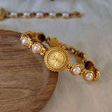 Anara Women's Watch - Elegant Golden Quartz Timepiece with Pearl Inlay