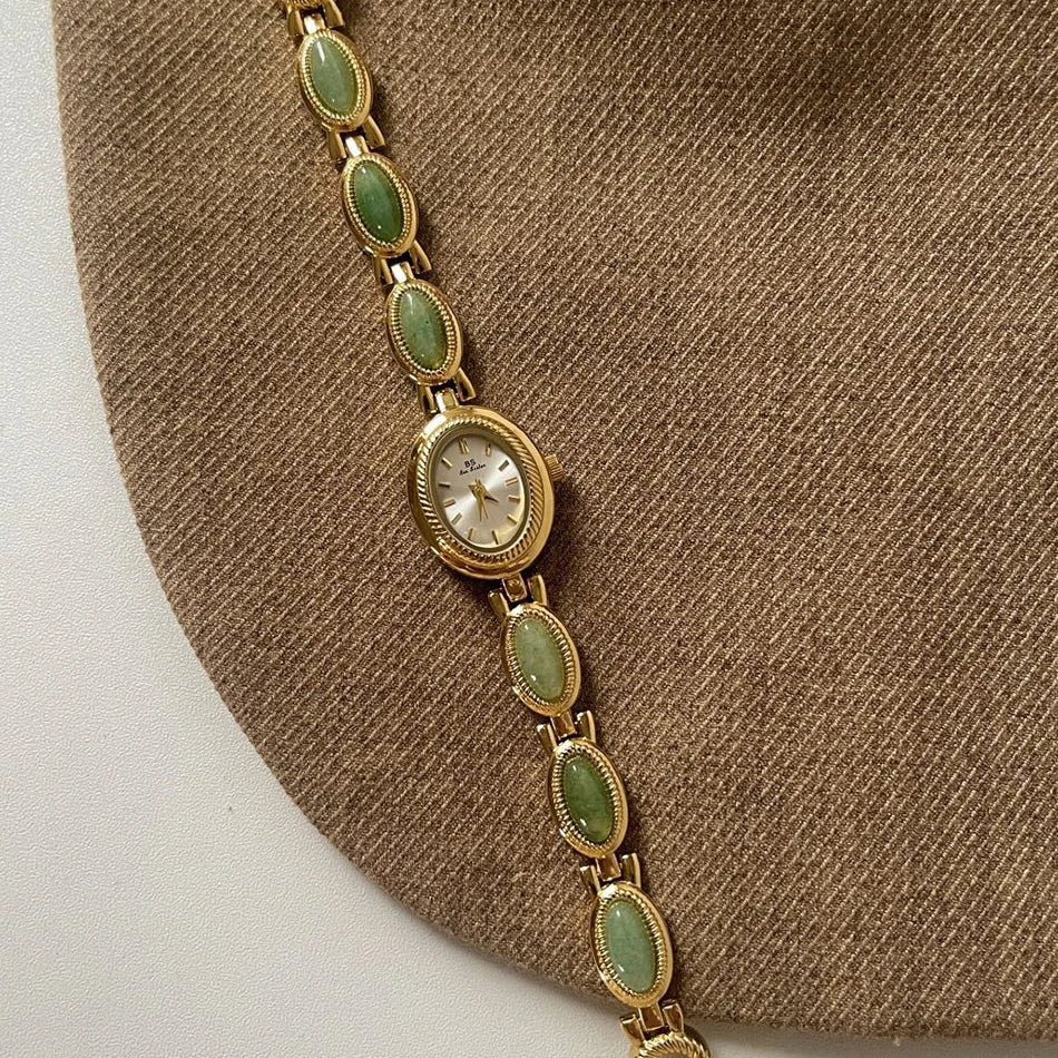 Aubrette Women's Watch - Luxury Jade Bracelet Quartz Timepiece, Elegant Gold Design