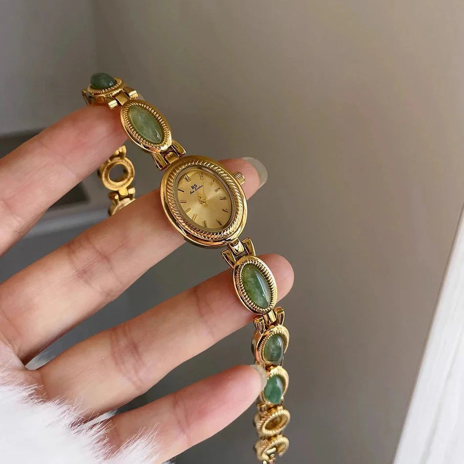 Aubrette Women's Watch - Luxury Jade Bracelet Quartz Timepiece, Elegant Gold Design